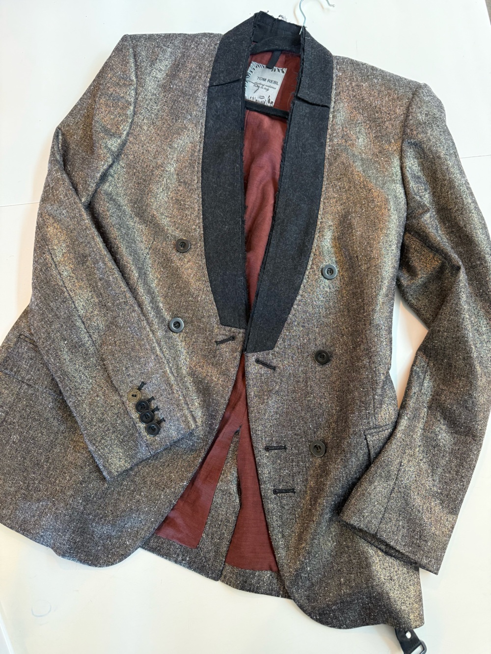 TOM REBL Made in Italy Metallic Bronze Black Shawl Collar Blazer Men’s IT 48
